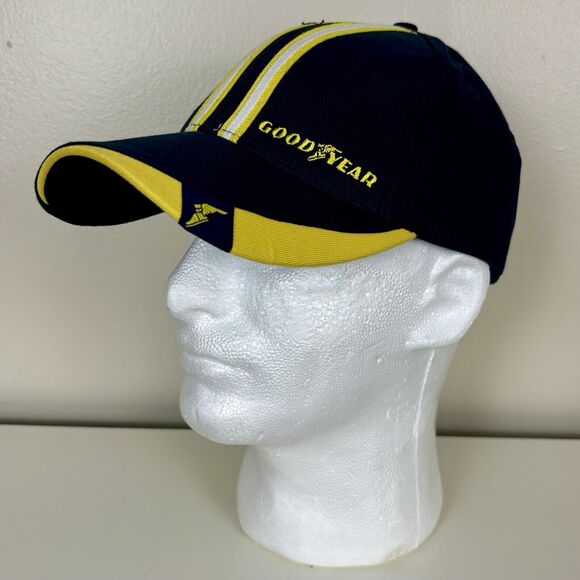 Goodyear Racing Hat Cap Navy Blue Yellow Stripes Snapback Adjustable - Picture 1 of 6